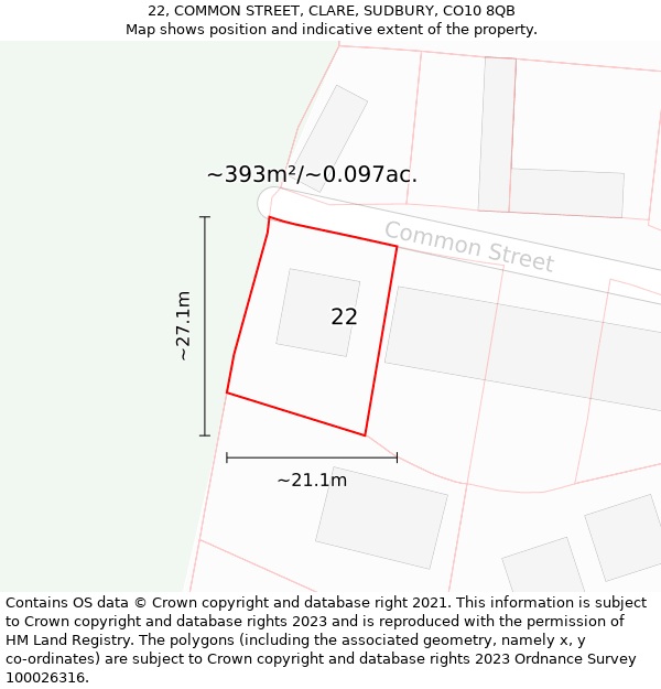 22, COMMON STREET, CLARE, SUDBURY, CO10 8QB: Plot and title map