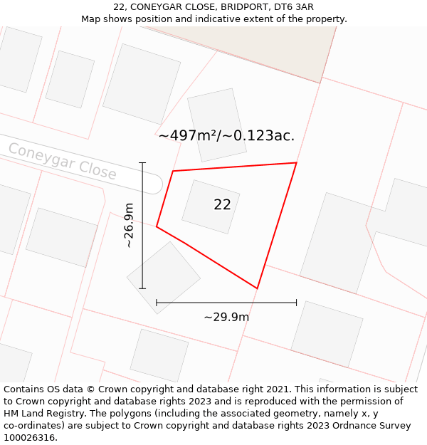22, CONEYGAR CLOSE, BRIDPORT, DT6 3AR: Plot and title map