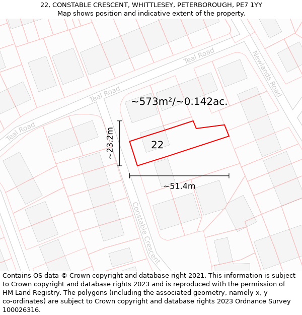 22, CONSTABLE CRESCENT, WHITTLESEY, PETERBOROUGH, PE7 1YY: Plot and title map