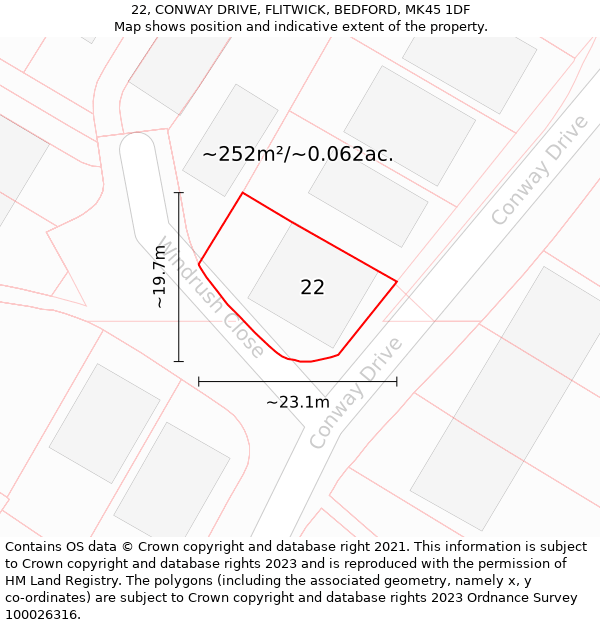 22, CONWAY DRIVE, FLITWICK, BEDFORD, MK45 1DF: Plot and title map