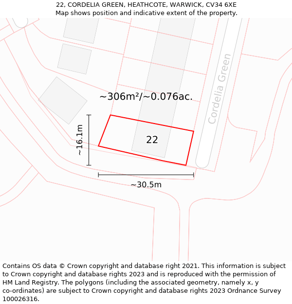 22, CORDELIA GREEN, HEATHCOTE, WARWICK, CV34 6XE: Plot and title map