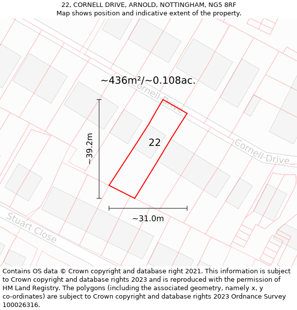 22, CORNELL DRIVE, ARNOLD, NOTTINGHAM, NG5 8RF: Plot and title map