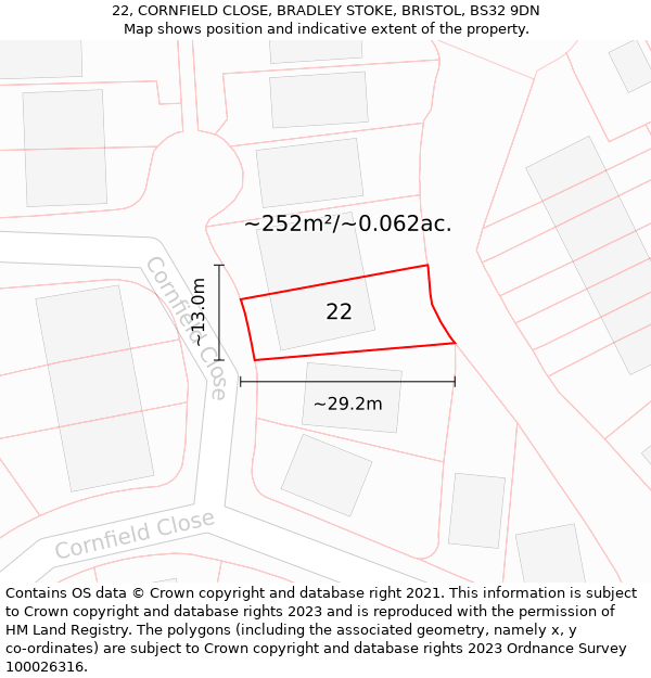 22, CORNFIELD CLOSE, BRADLEY STOKE, BRISTOL, BS32 9DN: Plot and title map