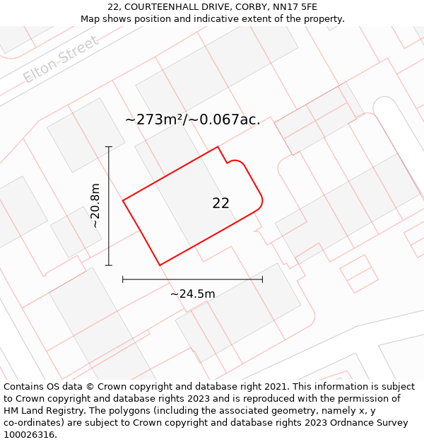 22, COURTEENHALL DRIVE, CORBY, NN17 5FE: Plot and title map