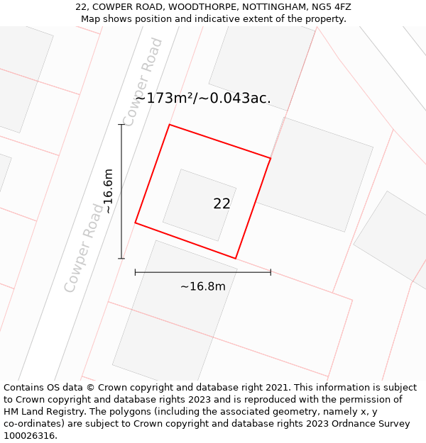 22, COWPER ROAD, WOODTHORPE, NOTTINGHAM, NG5 4FZ: Plot and title map