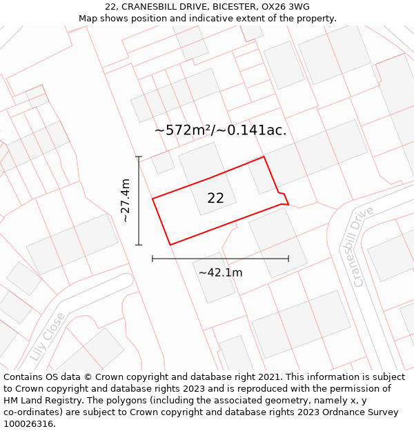 22, CRANESBILL DRIVE, BICESTER, OX26 3WG: Plot and title map