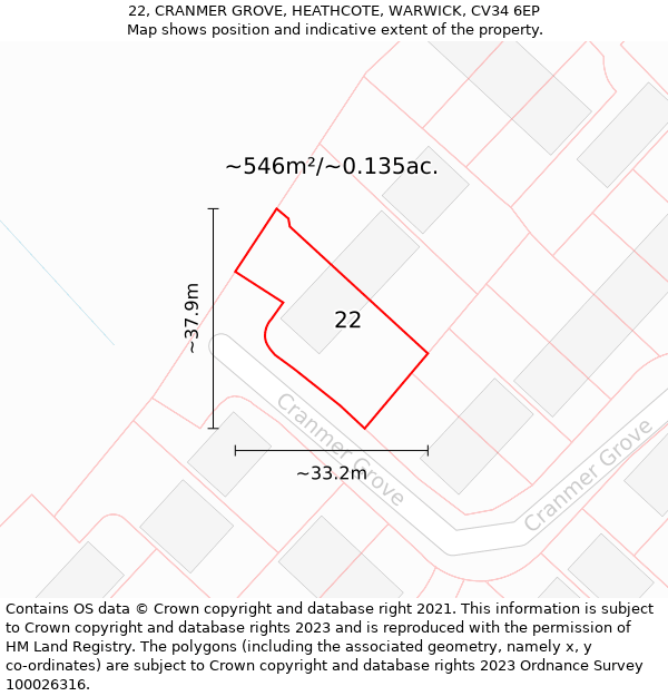 22, CRANMER GROVE, HEATHCOTE, WARWICK, CV34 6EP: Plot and title map