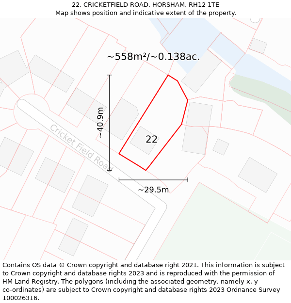 22, CRICKETFIELD ROAD, HORSHAM, RH12 1TE: Plot and title map