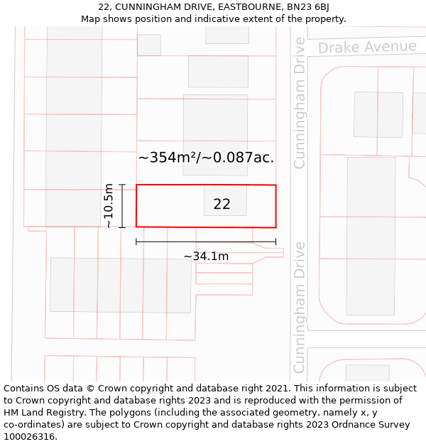 22, CUNNINGHAM DRIVE, EASTBOURNE, BN23 6BJ: Plot and title map