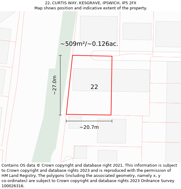 22, CURTIS WAY, KESGRAVE, IPSWICH, IP5 2FX: Plot and title map