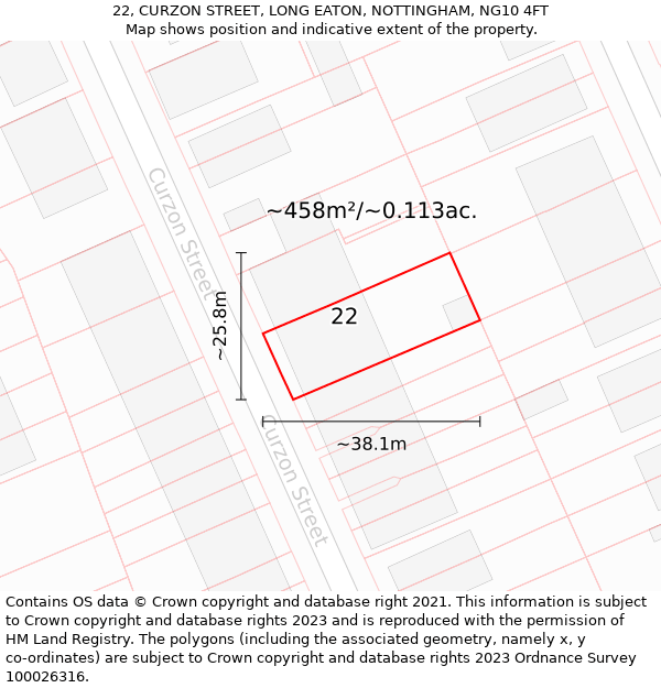 22, CURZON STREET, LONG EATON, NOTTINGHAM, NG10 4FT: Plot and title map