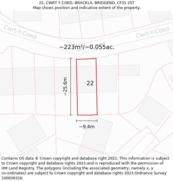 22, CWRT Y COED, BRACKLA, BRIDGEND, CF31 2ST: Plot and title map