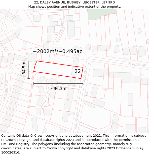 22, DALBY AVENUE, BUSHBY, LEICESTER, LE7 9RD: Plot and title map