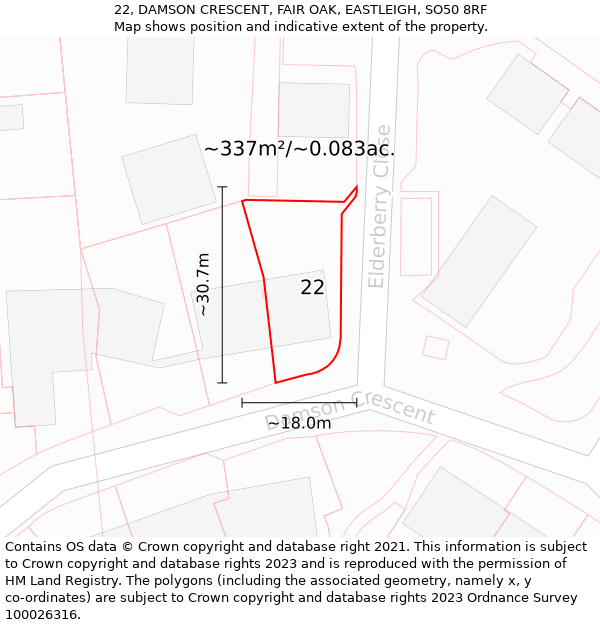 22, DAMSON CRESCENT, FAIR OAK, EASTLEIGH, SO50 8RF: Plot and title map