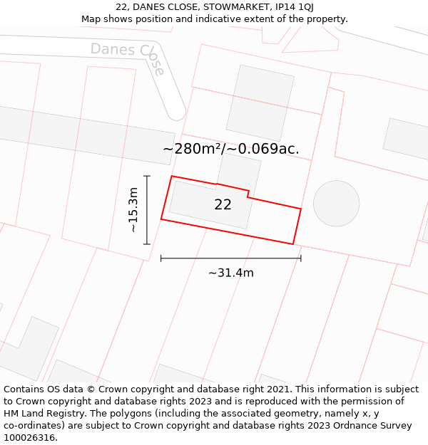 22, DANES CLOSE, STOWMARKET, IP14 1QJ: Plot and title map