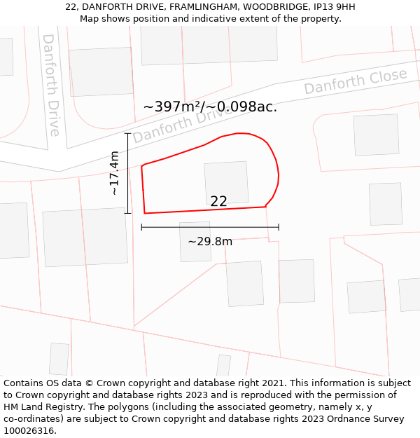 22, DANFORTH DRIVE, FRAMLINGHAM, WOODBRIDGE, IP13 9HH: Plot and title map