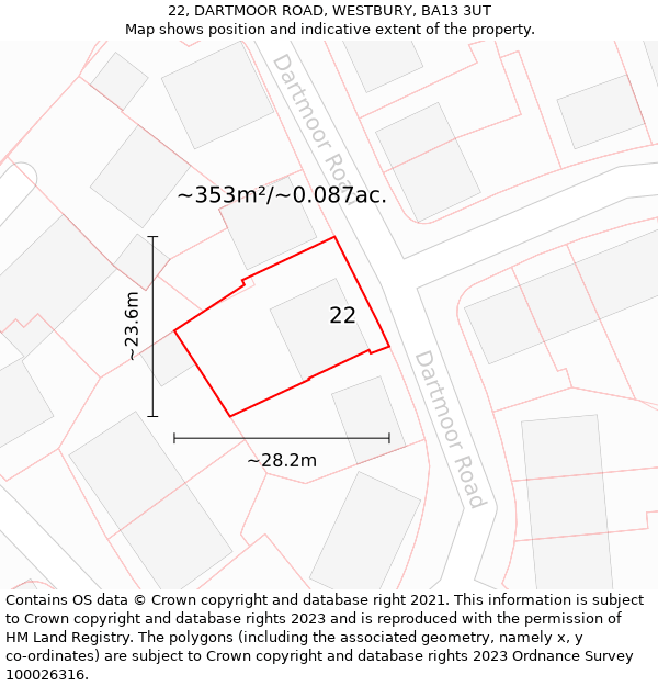 22, DARTMOOR ROAD, WESTBURY, BA13 3UT: Plot and title map