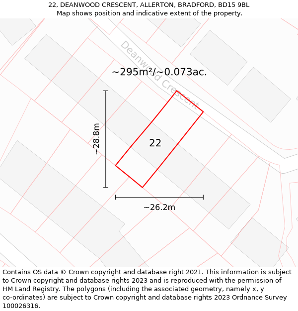 22, DEANWOOD CRESCENT, ALLERTON, BRADFORD, BD15 9BL: Plot and title map