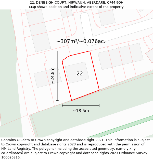 22, DENBEIGH COURT, HIRWAUN, ABERDARE, CF44 9QH: Plot and title map