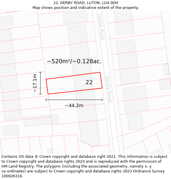 22, DERBY ROAD, LUTON, LU4 0DH: Plot and title map