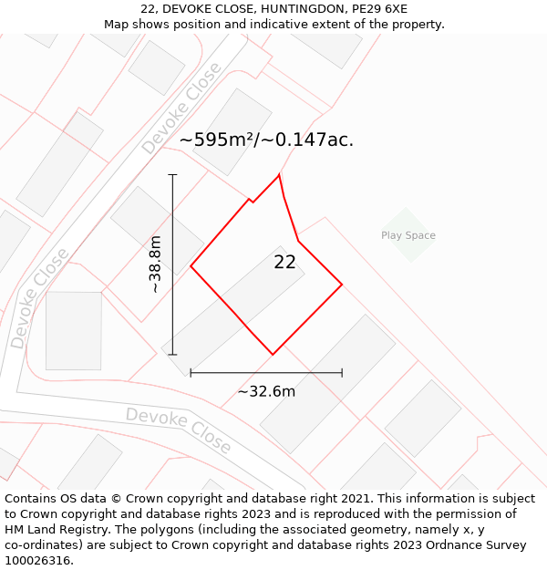 22, DEVOKE CLOSE, HUNTINGDON, PE29 6XE: Plot and title map