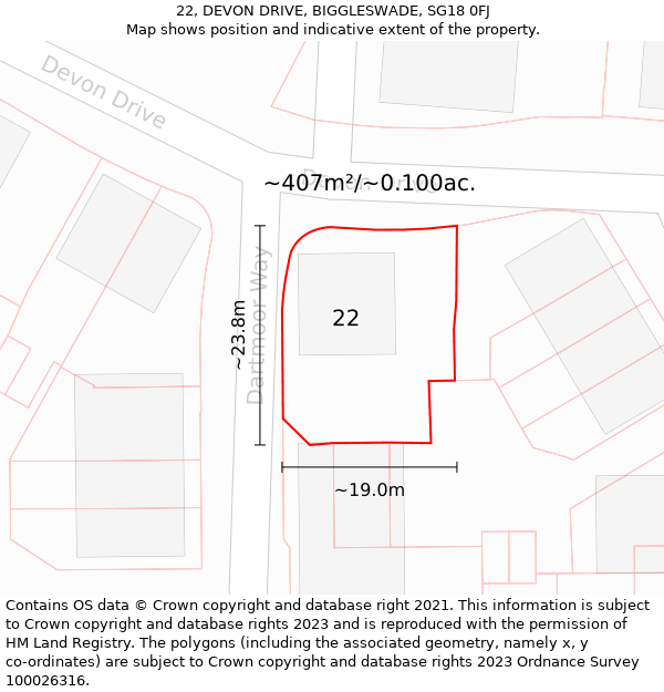 22, DEVON DRIVE, BIGGLESWADE, SG18 0FJ: Plot and title map