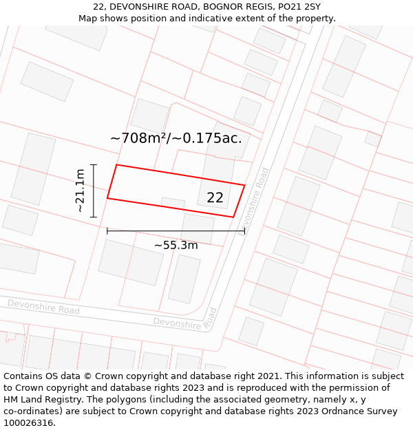 22, DEVONSHIRE ROAD, BOGNOR REGIS, PO21 2SY: Plot and title map