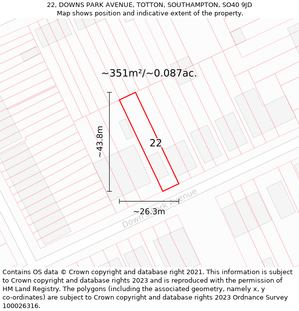 22, DOWNS PARK AVENUE, TOTTON, SOUTHAMPTON, SO40 9JD: Plot and title map