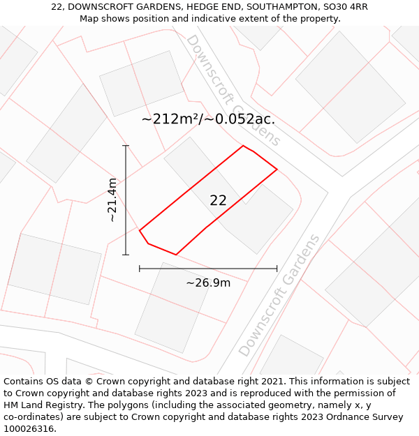 22, DOWNSCROFT GARDENS, HEDGE END, SOUTHAMPTON, SO30 4RR: Plot and title map