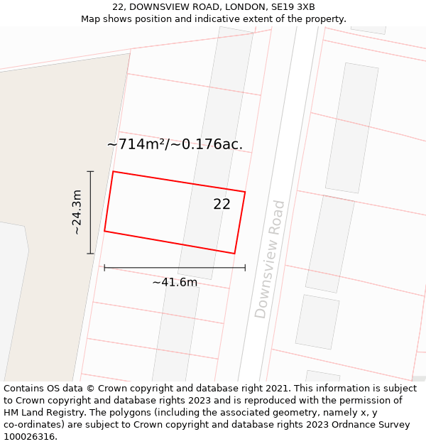22, DOWNSVIEW ROAD, LONDON, SE19 3XB: Plot and title map
