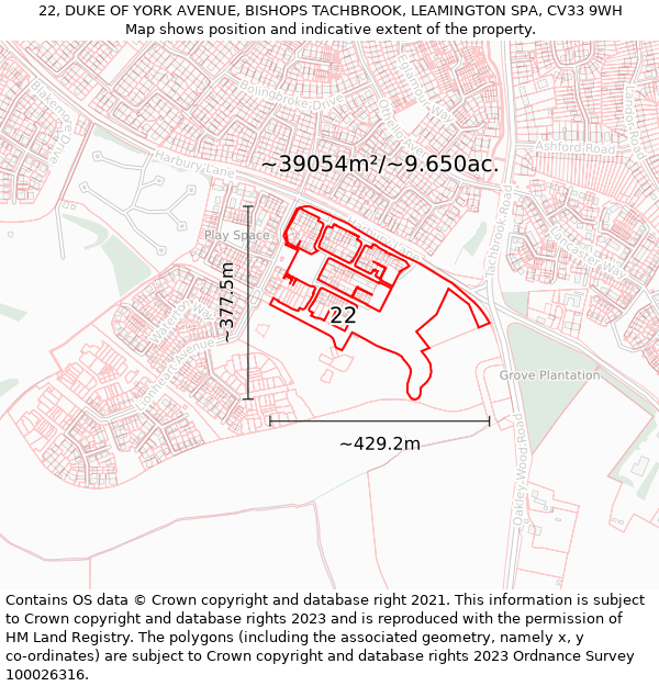 22, DUKE OF YORK AVENUE, BISHOPS TACHBROOK, LEAMINGTON SPA, CV33 9WH: Plot and title map