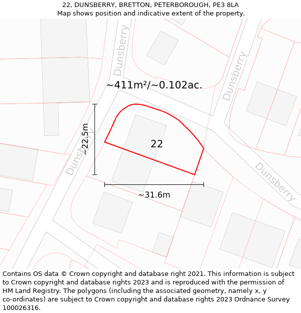 22, DUNSBERRY, BRETTON, PETERBOROUGH, PE3 8LA: Plot and title map