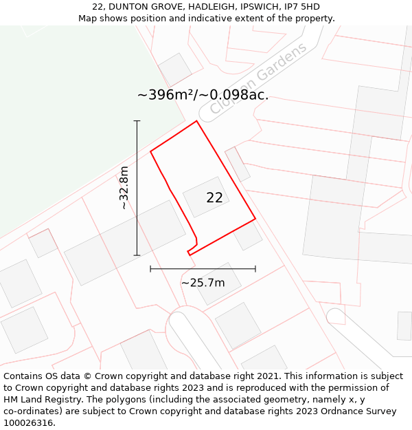 22, DUNTON GROVE, HADLEIGH, IPSWICH, IP7 5HD: Plot and title map