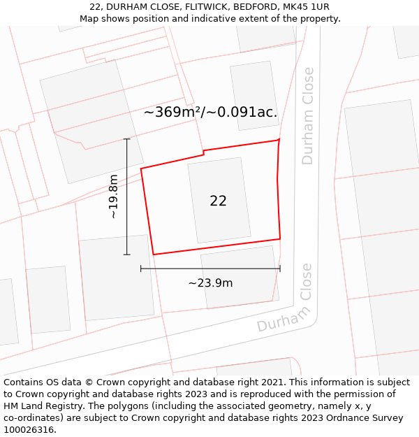 22, DURHAM CLOSE, FLITWICK, BEDFORD, MK45 1UR: Plot and title map