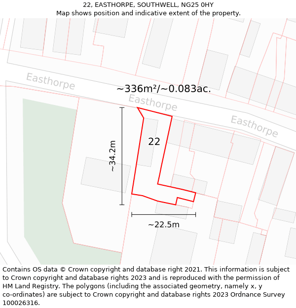 22, EASTHORPE, SOUTHWELL, NG25 0HY: Plot and title map