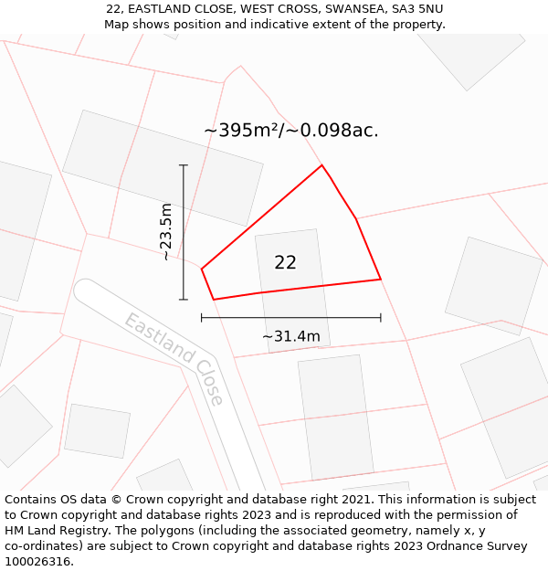 22, EASTLAND CLOSE, WEST CROSS, SWANSEA, SA3 5NU: Plot and title map