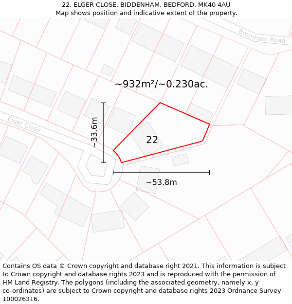 22, ELGER CLOSE, BIDDENHAM, BEDFORD, MK40 4AU: Plot and title map