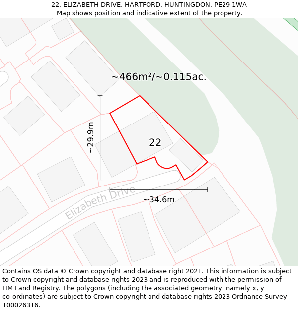 22, ELIZABETH DRIVE, HARTFORD, HUNTINGDON, PE29 1WA: Plot and title map