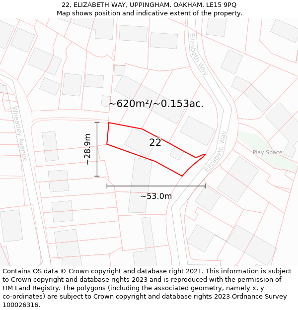 22, ELIZABETH WAY, UPPINGHAM, OAKHAM, LE15 9PQ: Plot and title map