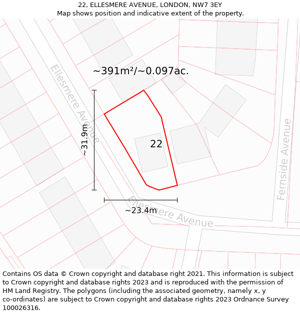 22, ELLESMERE AVENUE, LONDON, NW7 3EY: Plot and title map