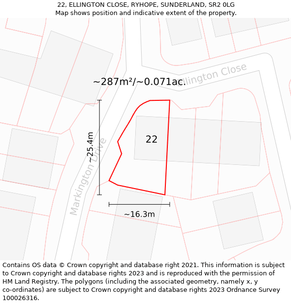 22, ELLINGTON CLOSE, RYHOPE, SUNDERLAND, SR2 0LG: Plot and title map