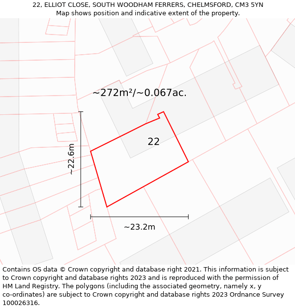 22, ELLIOT CLOSE, SOUTH WOODHAM FERRERS, CHELMSFORD, CM3 5YN: Plot and title map