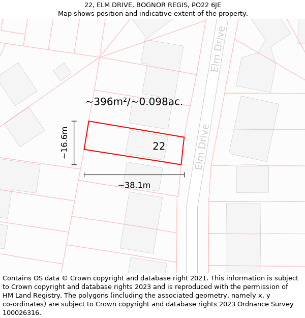 22, ELM DRIVE, BOGNOR REGIS, PO22 6JE: Plot and title map