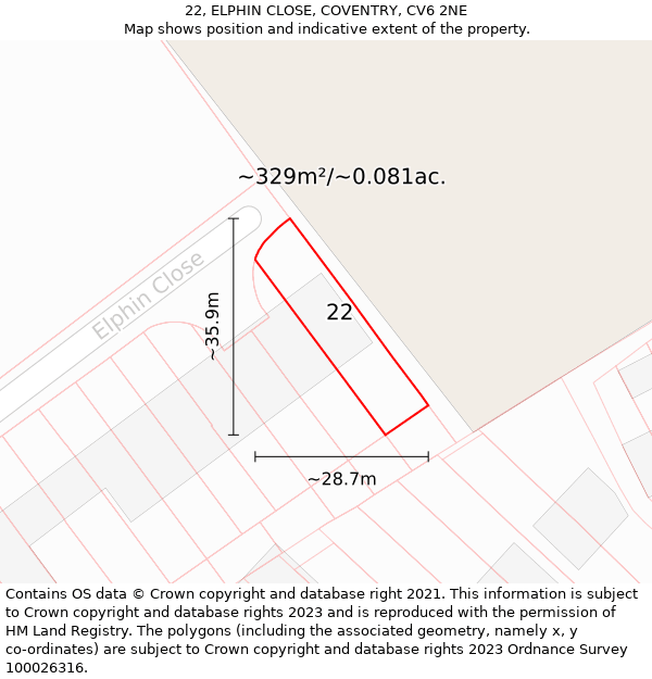 22, ELPHIN CLOSE, COVENTRY, CV6 2NE: Plot and title map