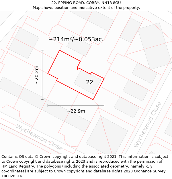 22, EPPING ROAD, CORBY, NN18 8GU: Plot and title map