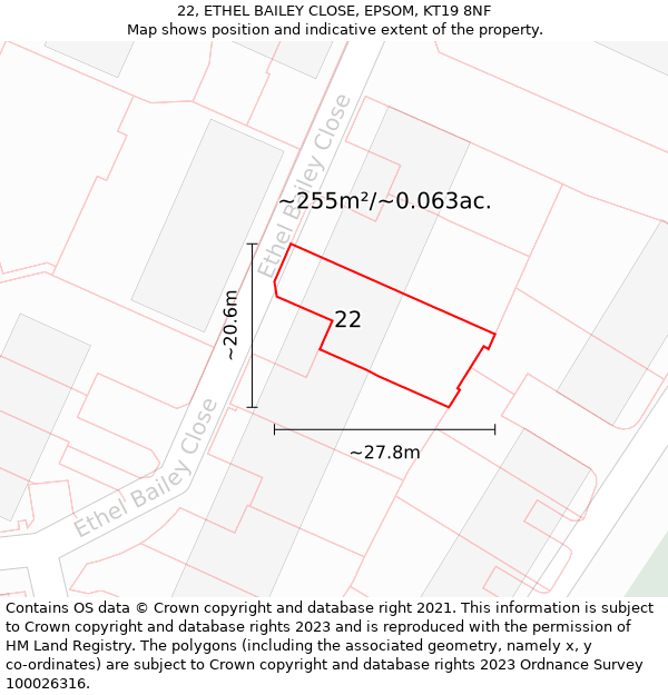 22, ETHEL BAILEY CLOSE, EPSOM, KT19 8NF: Plot and title map