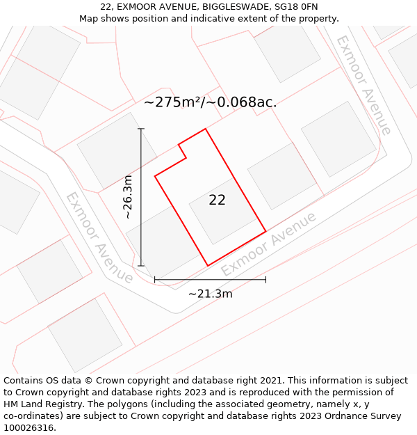 22, EXMOOR AVENUE, BIGGLESWADE, SG18 0FN: Plot and title map