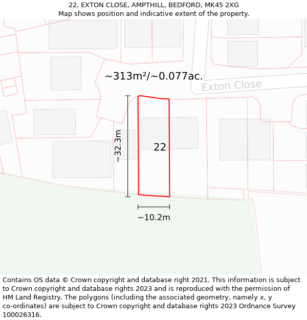 22, EXTON CLOSE, AMPTHILL, BEDFORD, MK45 2XG: Plot and title map