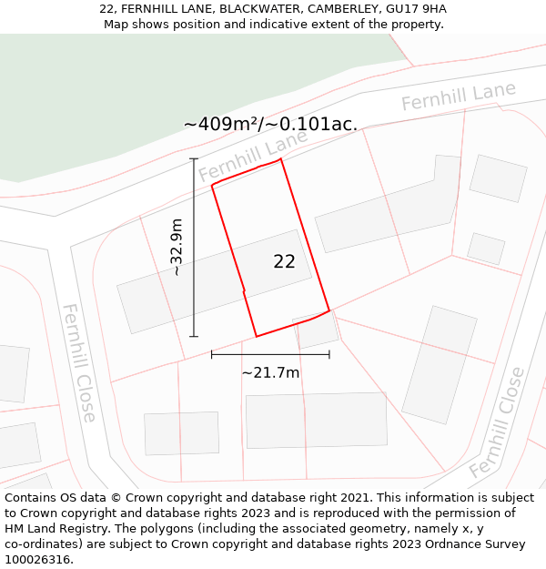 22, FERNHILL LANE, BLACKWATER, CAMBERLEY, GU17 9HA: Plot and title map