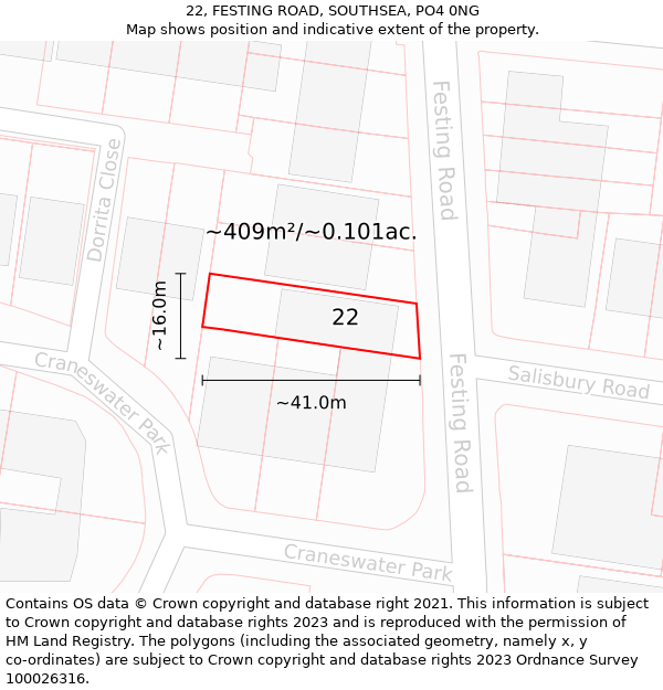 22, FESTING ROAD, SOUTHSEA, PO4 0NG: Plot and title map